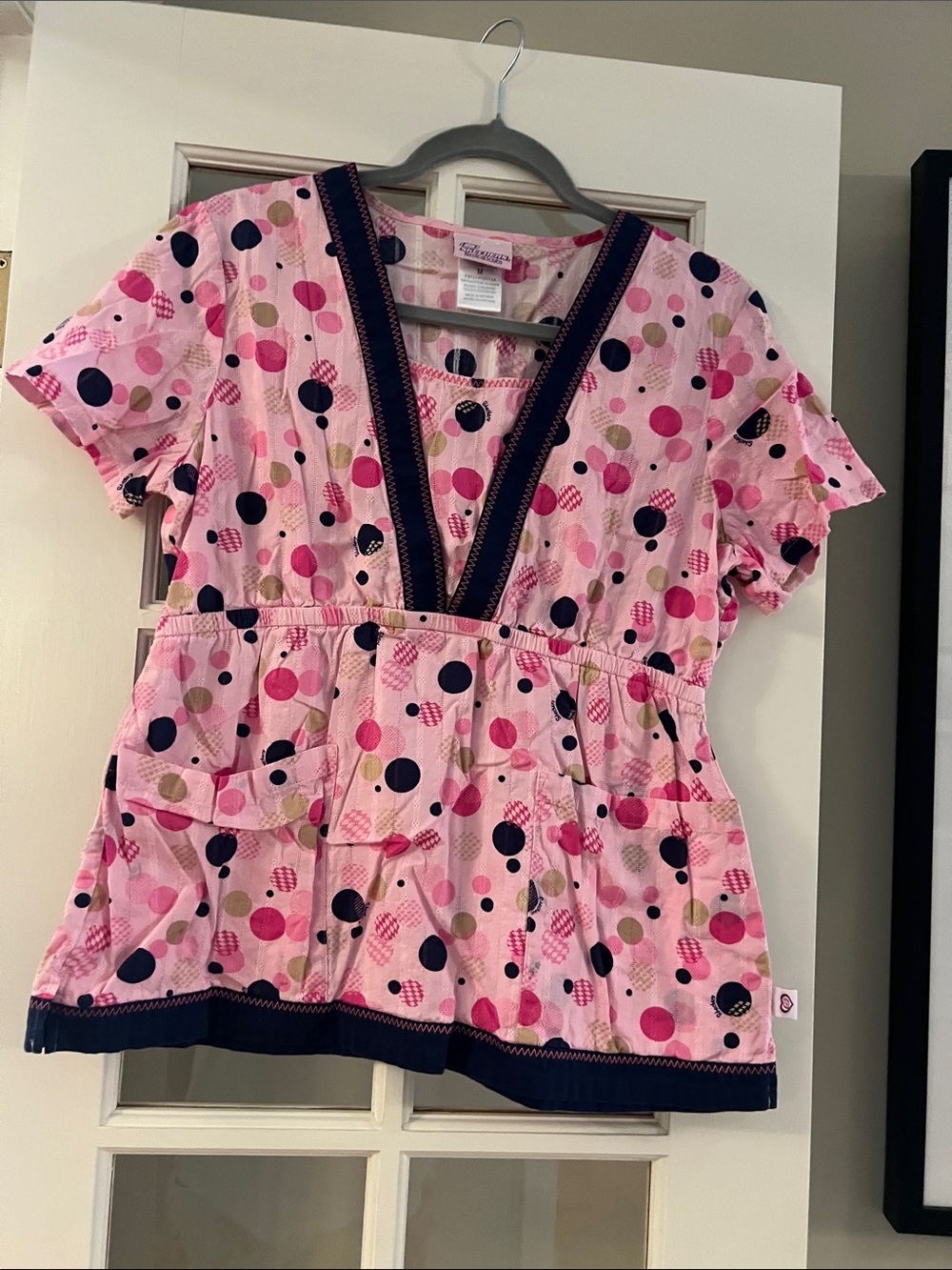 Skechers Pink Polka Dot Scrub Top with Navy Trim